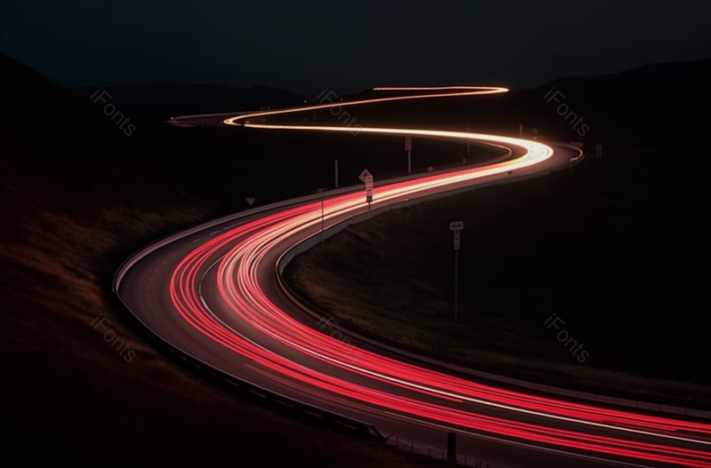 夜晚弯曲公路红色光线实拍图,高清,摄影图,摄影图片,图片大全,摄影图免费下载